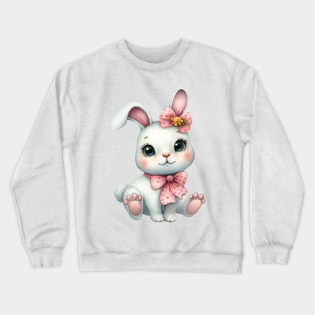 Cute rabbit with pink bows watercolor painting Crewneck Sweatshirt by Kontrix